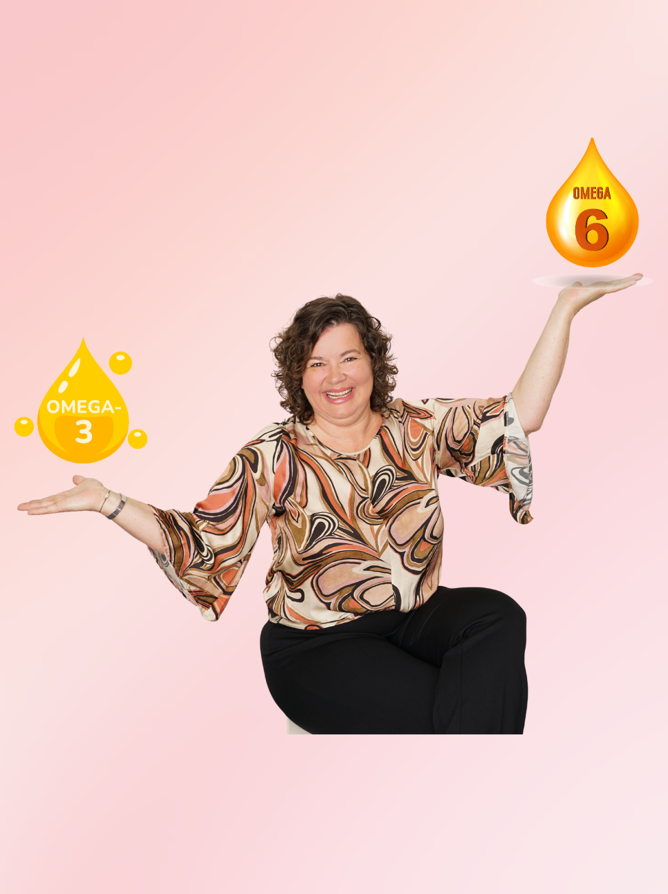 Cecilia van Stressst houdt handen gespreid als metafoor voor disbalans tussen omega 3 en omega 6