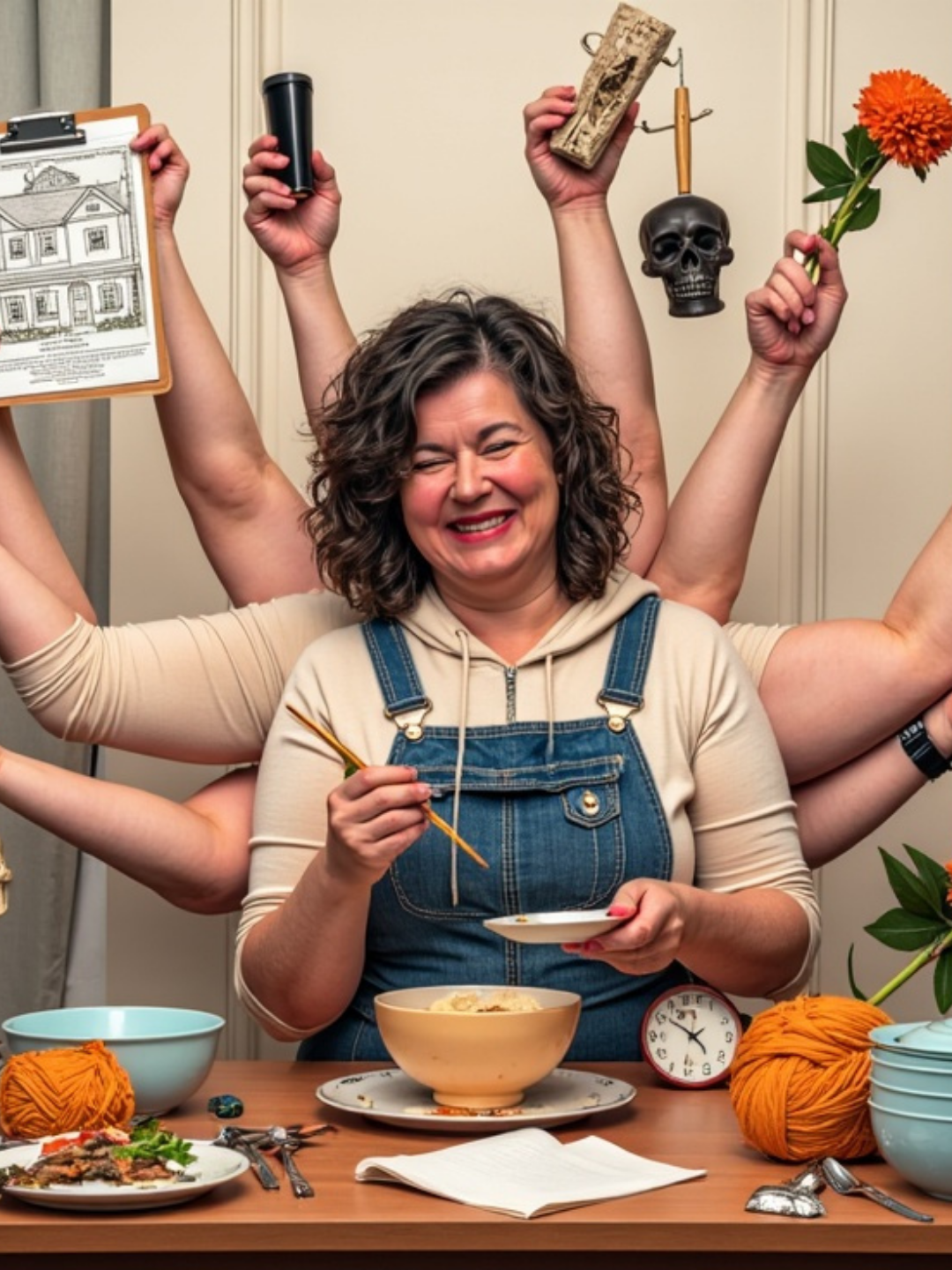 Cecilia van Stressst met meerdere armen zit aan tafel en probeert tegelijk allerlei taken uit te voeren terwijl ze eet. In haar handen houdt ze verschillende objecten zoals een telefoon, papieren, bloemen en andere spullen. Het beeld symboliseert chronische stress en het gevoel voortdurend alles tegelijk te moeten dragen.
