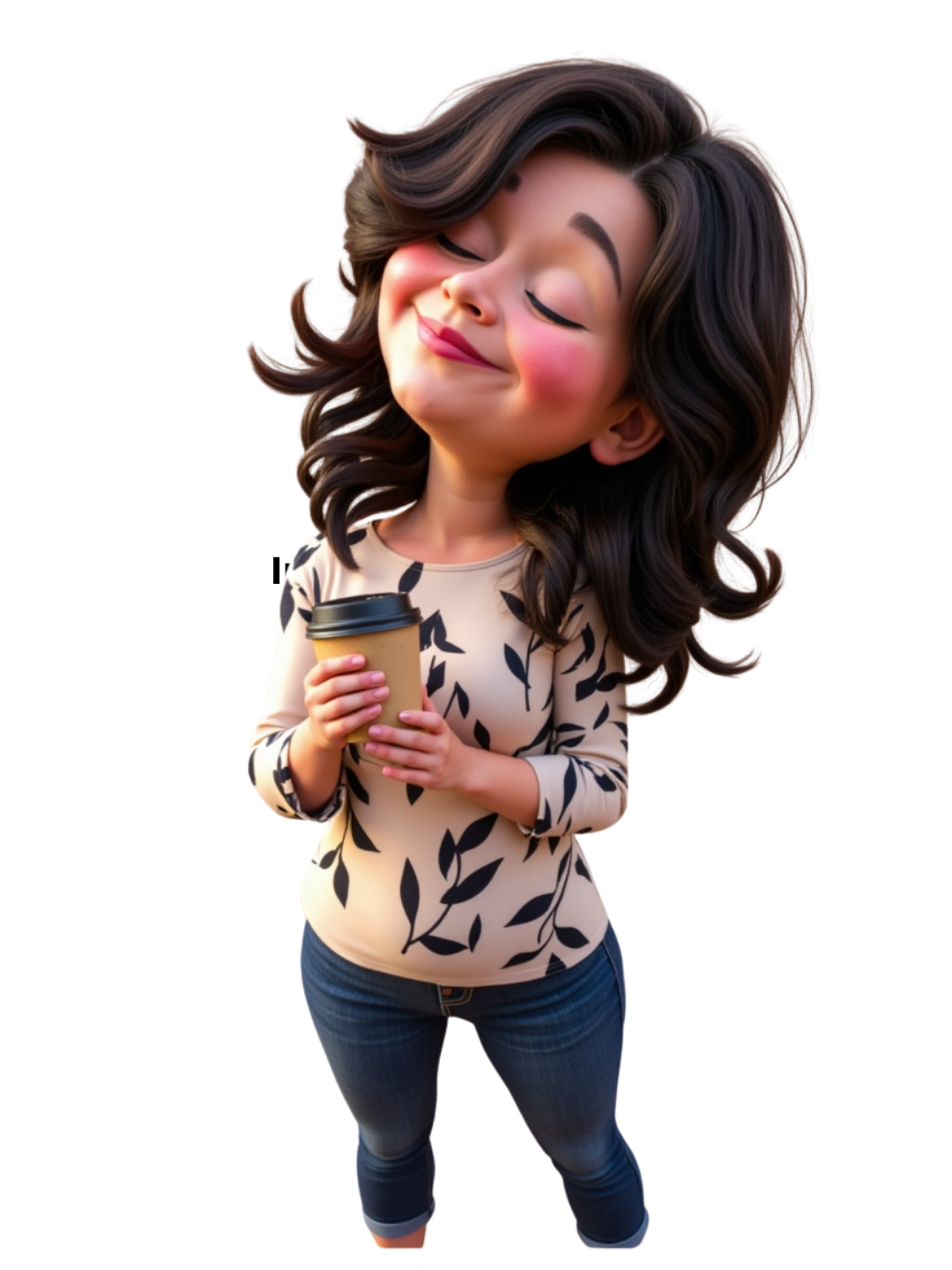 Speelse illustratie van een ontspannen Cecilia van Stressst met gesloten ogen die een koffiebeker vasthoudt en zichtbaar geniet van een rustig moment. Het beeld verbeeldt een klein succesmoment en het gevoel van voldoening na het afronden van een taak.