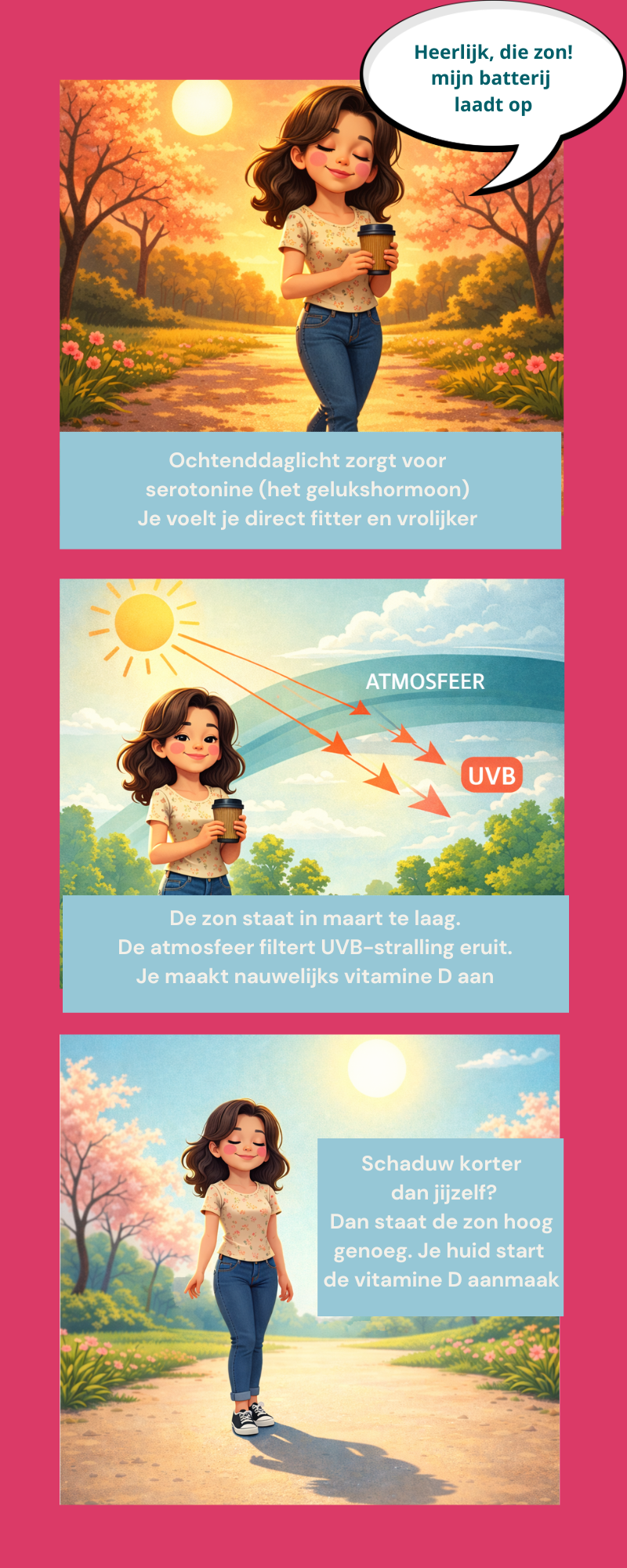 Infographic van Cecilia van Stressst over vitamine D aanmaak in de lente, de invloed van de atmosfeer op UVB-straling en de schaduw-regel.