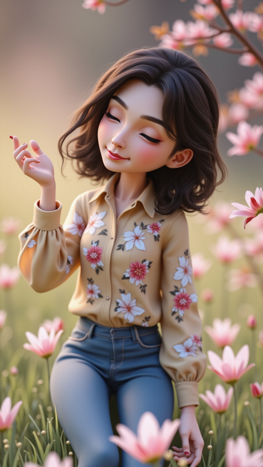 Geïllustreerde Cecilia van Stressst met gesloten ogen genietend van zonlicht in een veld met roze bloemen, draagt een beige bloemetjesblouse.